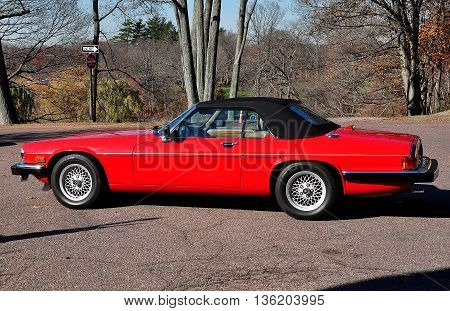 Brookline Massachusetts - November 25 2015: 1990 Jaguar convertible on display at the Larz Anderson Auto Museum
