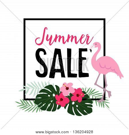 Summer sale. Flamingo bird with palm leaves hibiscus flowers. Web banner background. Stock vector illustration. Flat jungle design.