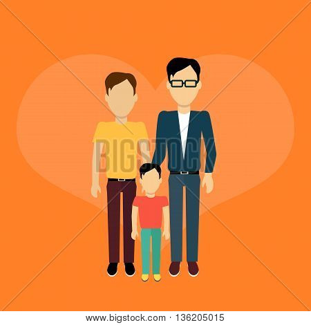 Happy family homosexual concept banner design flat style. Young family man gay with a son. Mother and father with child happiness lifestyle, vector illustration