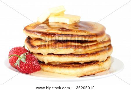 A pancake is a flat cake often thin and round prepared from a starch-based batter that may also contain eggs milk and butter and cooked on a hot surface such as a griddle or frying pan often with oil or butter. They may be served at any time with a variet