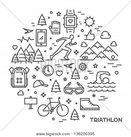 Line round concept for triathlon. Vector linear prints on T-shirts for triathlon. Open path.