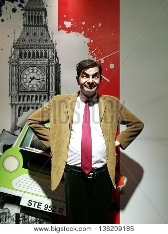Da Nang, Vietnam - Jun 20, 2016: Mr Bean wax statue at Ba Na Hills mountain resort. Mr. Bean is a British sitcom created by Rowan Atkinson and Richard Curtis, and starring Atkinson in the title role.