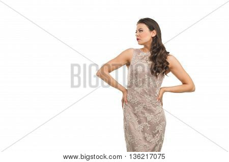 beautiful young girl posing to camera in fashion dress