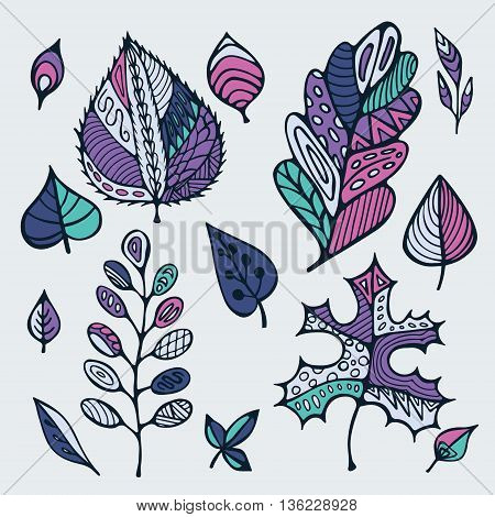 stock vector hand drawing set of leaf. doodle pattern