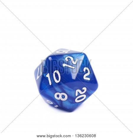 Blue roleplaying polyhedral icosahedron gaming plastic dice isolated over the white background