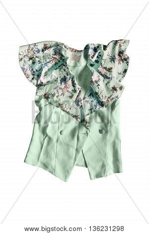 Green jacket with silk collar folded on white background