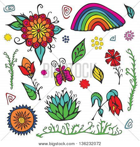summer day elements set with flowers rainbow and butterfly. stock vector. cartoon