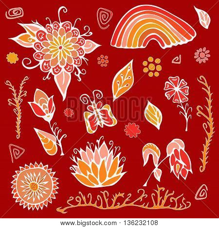 summer day elements set with flowers rainbow and butterfly. stock vector. cartoon