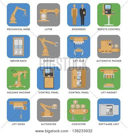 Colored and isolated automated assembly square icon set with descriptions of capture engineers automated conveyor server rack and ext vector illustration
