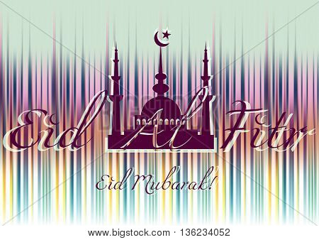 Holiday card with mosque for greeting with finish of fasting month Ramadan and Islamic holiday Eid al-Fitr as well Feast of Breaking the Fast. Vector illustration