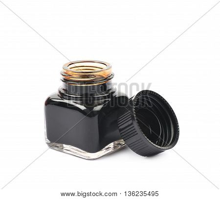 Tiny bottle filled with the black ink, composition isolated over the white background