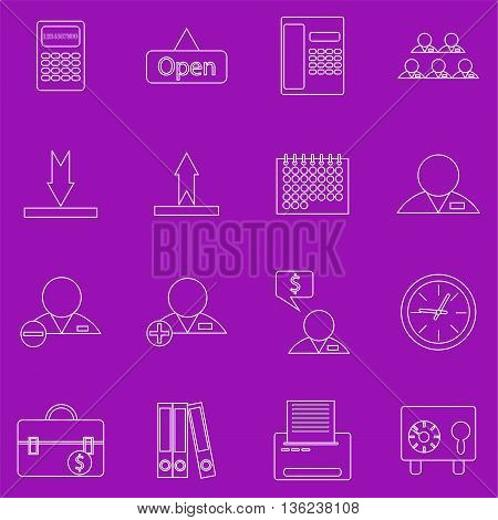 A set of contour business icons on purple background. Fine lines