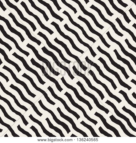 Vector Seamless Black And White Hand Drawn Daigonal Wavy Lines Geometric Pattern. Abstract Freehand Background Design