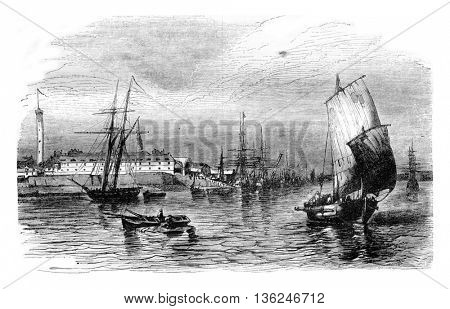 View of the port of Lorient in Brittany, department of Morbihan, vintage engraved illustration. Magasin Pittoresque 1843.