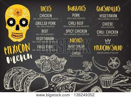Mexican menu placemat food restaurant menu template design. Vintage creative dinner brochure with hand-drawn graphic. Vector food menu flyer.