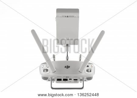 Varna Bulgaria - April 23 2016: ImageRemote controler of DJI Inspire 1 Pro drone UAV quadcopter which shoots 4k video and 16mp still images and is controlled by wireless remote with a range of 2km isolated on white