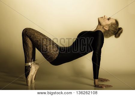 Graceful beautiful woman ballet dancer full length studio shot sepia vintage aged tone