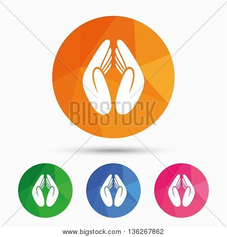 Pray hands sign icon. Religion priest faith symbol. Triangular low poly button with flat icon. Vector