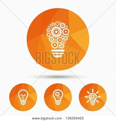 Light lamp icons. Lamp bulb with cogwheel gear symbols. Idea and success sign. Triangular low poly buttons with shadow. Vector