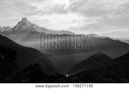 View of the himalayan peak the 6993 ms. mount Machhapuchhare-Fish Tail Nepal. Black and White.