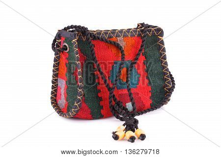 Fabric bag with Armenian ethnic pattern isolated on white background.