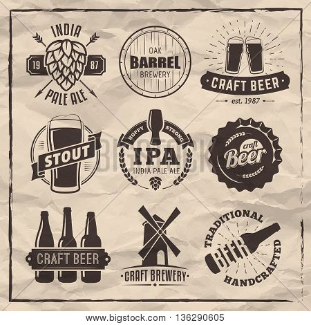 Vector craft beer badges. Retro beer labels on vintage paper background