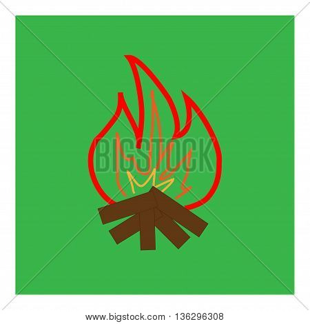 Kindle campfire sign in green square. Isolated on green background. Kindle campfire symbol marks. Kindle campfire sign picture. Green sticker vector illustration Flat vector image Vector illustration