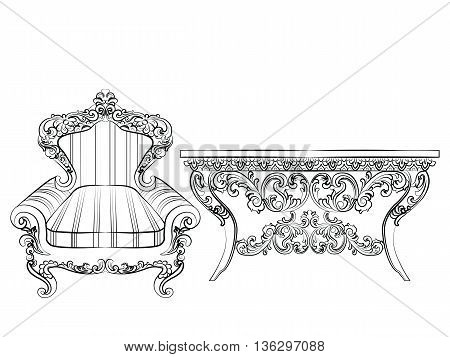 Baroque Imperial luxury style furniture. Elegant armchair and table set with luxurious rich ornaments. Vector sketch