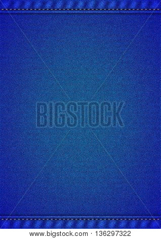 Realistic jeans texture in deep blue colors with frame from seams and thread stitches. Vertical denim pattern background. Vector illustration