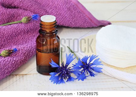 Herbal essence. Cornflower tincture, dark glass apothecary bottle, towel, cotton pads, fresh blue flower. Natural skin treatment.