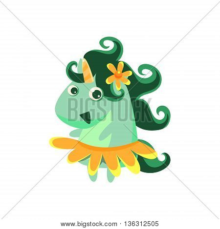 Unicorn In Hawaiian Outfit Flat Bright Color Childish Cartoon Design Vector Illustration Isolated On White Background