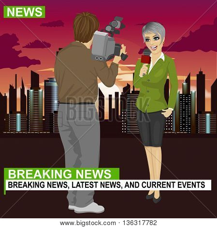Back view of cameraman recording female journalist or TV reporter presenting the news in front of night city with skyscrapers