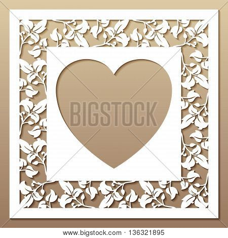 Openwork square frame with leaves and heart. Laser cutting template for greeting cards envelopes wedding invitations.