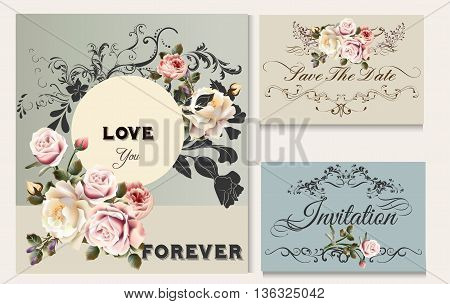 Collection of vector wedding greeting cards or save the date templates in retro pastel tones for design