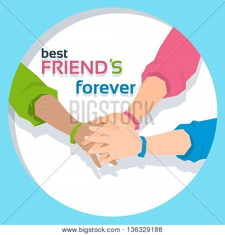 Pile Hand Stack On Each Other Holding Together Best Friends Forever Friendship Day Banner Flat Vector Illustration