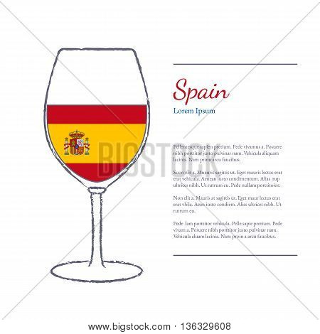 Rough brush stroked wine glass with National flag of Spain top wine making country. Graphic design elements isolated on white background. Template with place for your text. Vector illustration.