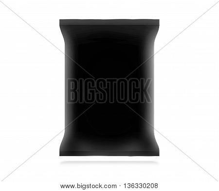 Blank black snack bag mock up isolated 3d illustration. Clear white chips pack mockup. Cookie candy sugar cracker nuts jujube supermarket foil plastic container ready for logo design or identity presentation.