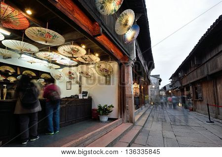 WUZHEN CHINA - MARCH 24: Old Town of Wuzhen on March 24 2016 in Wuzhen China. Wuzhen is a historic scenic town located in northern Zhejiang Province China
