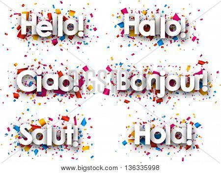 Hello paper background, Italian, Spanish, French, German, Catalan. Vector illustration.