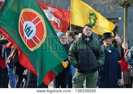 VILNIUS, LITHUANIA - MAR 11: Around one thousand people gathered with flags in a nationalist rally at Rotuses Square on Re-Establishment of Independence Day on March 11, 2014 in Vilnius, Lithuania