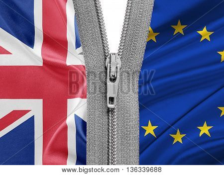 Brexit. 3D illustration of Zipper separates the flags of the EU and the UK. Exit of Great Britain from the European Union - concept.