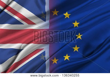 Brexit. 3D illustration of Silky Flags of European Union and United Kingdom.