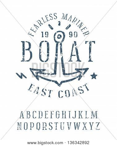 Stencil-plate serif font with rough edges. Graphic design for t-shirt. Blue print with shabby texture on white background
