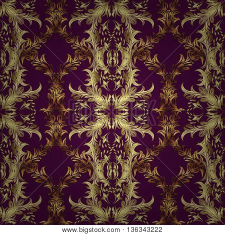 Seamless vintage pattern on lilac background with golden elements.