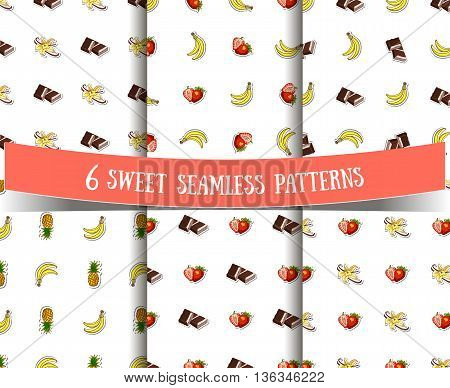 Set of seamless patterns with different sweet ingredients on white background. Vector illustration.