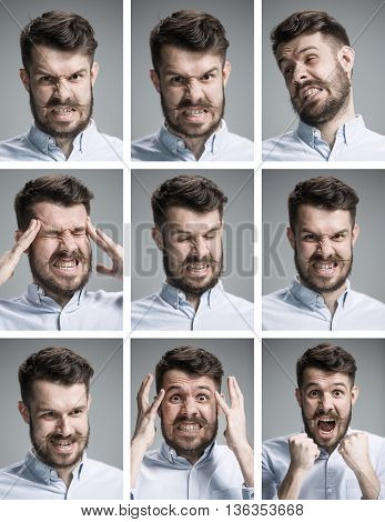 Set of young man's portraits with different negative emotions on gray background