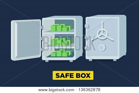 Vector flat safe boxes open and closed locked with code lock empty safe box. Isometric view