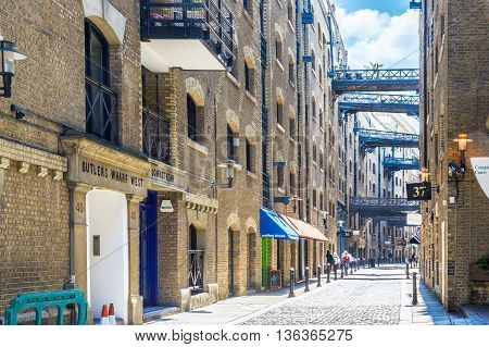London UK - June 24, 2016 - Street view of Shad Thames a historic riverside street next to Tower Bridge in Bermondsey