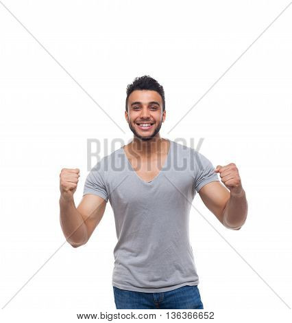 Casual Man Excited Hand Gesture Happy Smile Young Handsome Guy Wear Shirt Jeans Isolated White Background