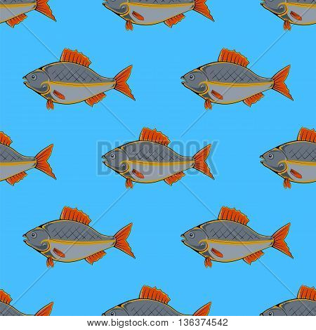 Fresh Fish Isolated on Blue Background. Seamless Fish Pattern